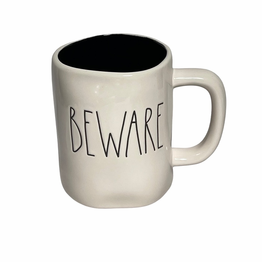 Rae Dunn White Mug with Black Interior - Beware
